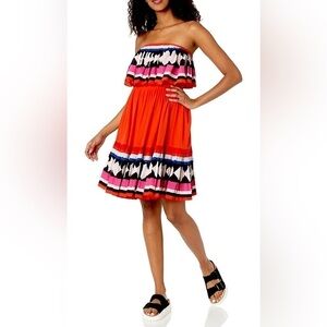 Kate Spade New York, Geo Border Printed Pleated Dress, Red Strapless, Flowy, 6